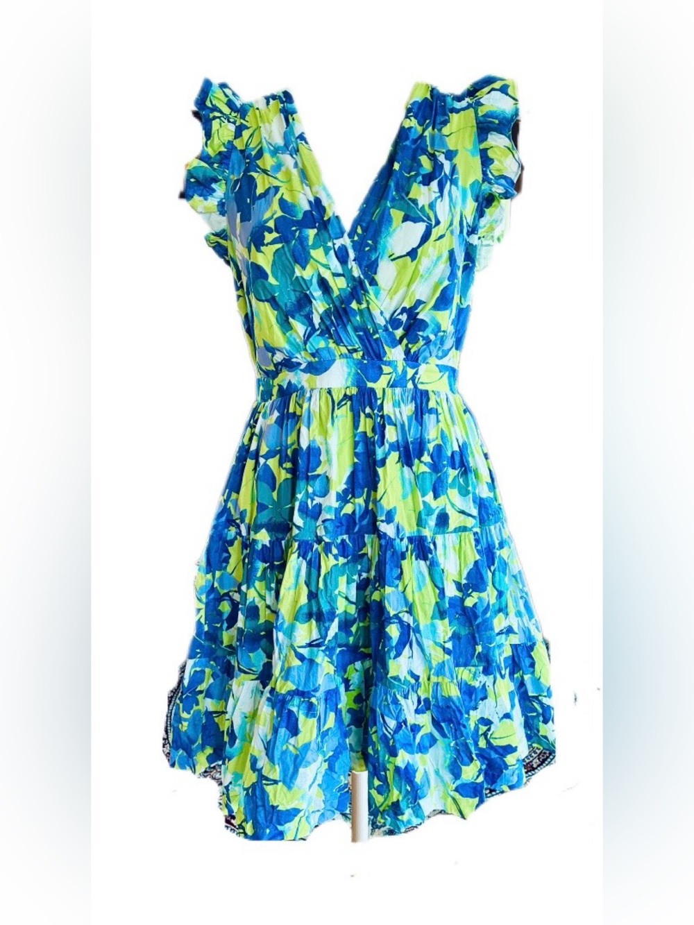 Taylor Crossover Top Blue & Lime Floral Ruffled Mini Dress